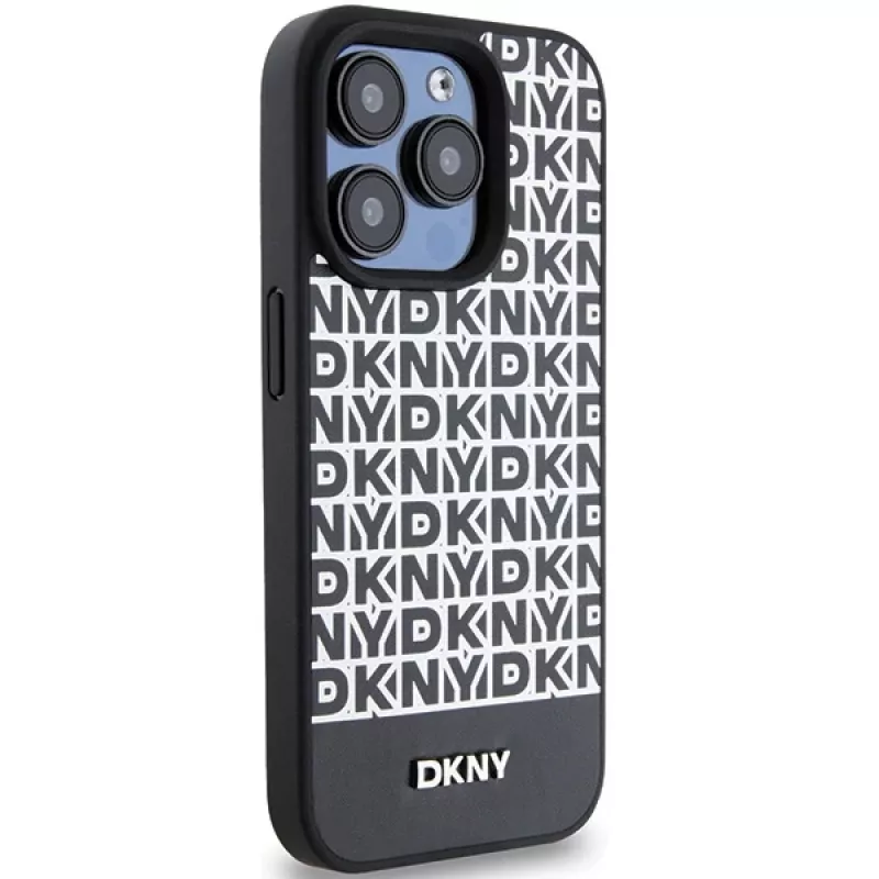 DKNY DKHMP15LPSOSPK Hard Case für Apple iPhone 15 Pro 6,1 inch Leder mit Printmuster Metall-Logo MagSafe Schwarz