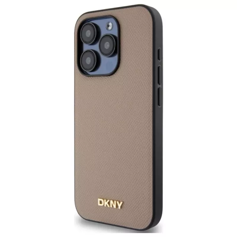 DKNY DKHMP15LPGHLME Hardcase für iPhone 15 Pro 6,1 inch Beige mit genarbtem Metall-Logo und MagSafe