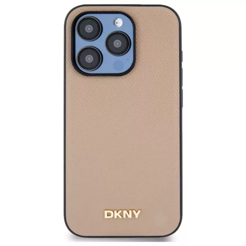 DKNY DKHMP15LPGHLME Hardcase für iPhone 15 Pro 6,1 inch Beige mit genarbtem Metall-Logo und MagSafe