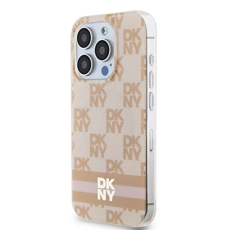 DKNY DKHMP13LHCPTSP Hard Case für Apple iPhone 13 Pro / 13, Pink Checkered Mono Pattern & Printed Stripes, MagSafe