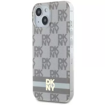 DKNY DKHMP14SHCPTSE Hard Case für iPhone 14/15/13 6,1 inch Beige Checkered Mono Pattern & Printed Stripes MagSafe
