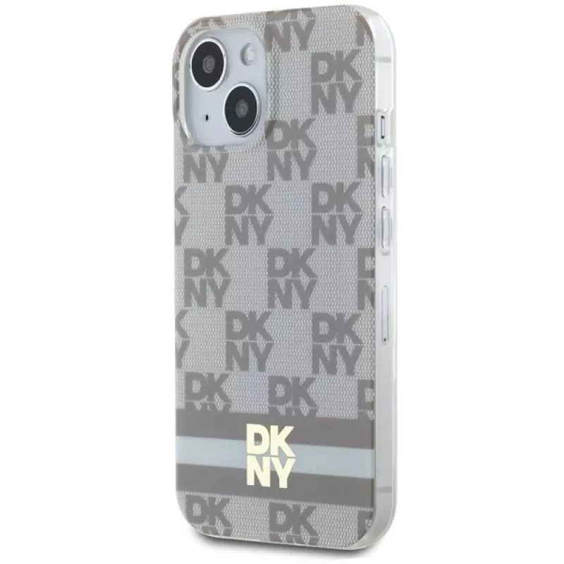 DKNY DKHMP14SHCPTSE Hard Case für iPhone 14/15/13 6,1 inch Beige Checkered Mono Pattern & Printed Stripes MagSafe