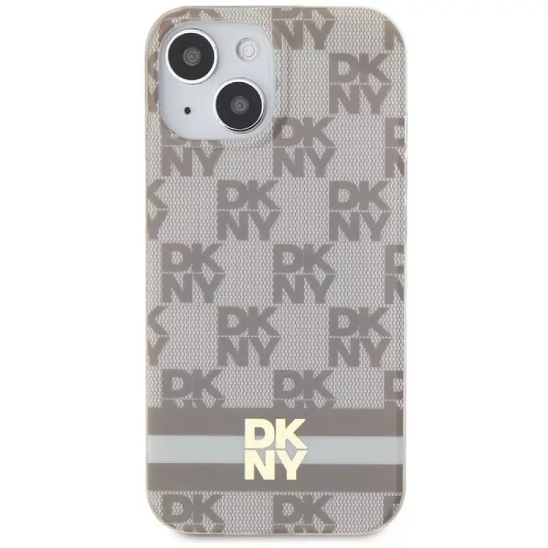 DKNY DKHMP14SHCPTSE Hard Case für iPhone 14/15/13 6,1 inch Beige Checkered Mono Pattern & Printed Stripes MagSafe