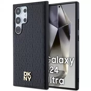 DKNY DKHMS24LPSHRPSK Hard Case für Samsung Galaxy S24 Ultra, schwarzes Lederdesign mit Metall-Logo, MagSafe-kompatibel