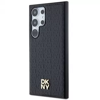 DKNY DKHMS24LPSHRPSK Hard Case für Samsung Galaxy S24 Ultra, schwarzes Lederdesign mit Metall-Logo, MagSafe-kompatibel