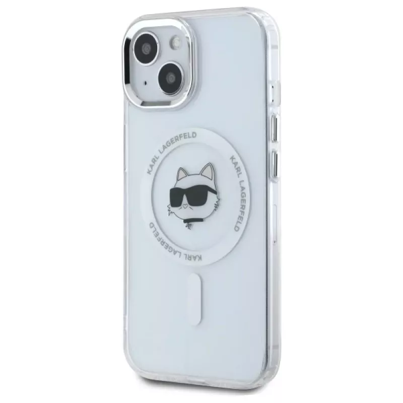 Karl Lagerfeld KLHMP15SHLSCHH iPhone 15 6,1 inch Weiße Hardcase IML Metall Choupette Head MagSafe