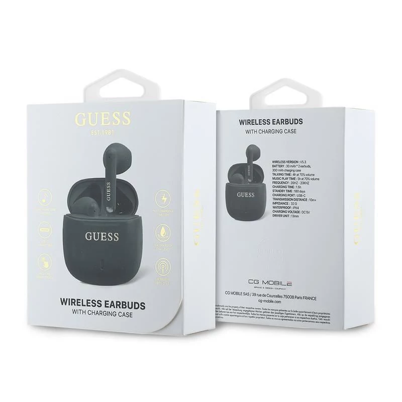 Guess GUTWSJ14ESGKTWS True Wireless Bluetooth 5.3 In-Ear-Kopfhörer mit Ladecase, Schwarz, Classic Logo Print