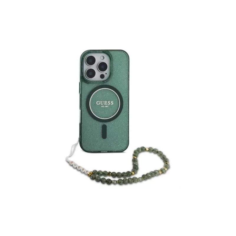 Guess IML Glitter With Pearl Strap MagSafe Case für iPhone 16 Pro Max (Grün)