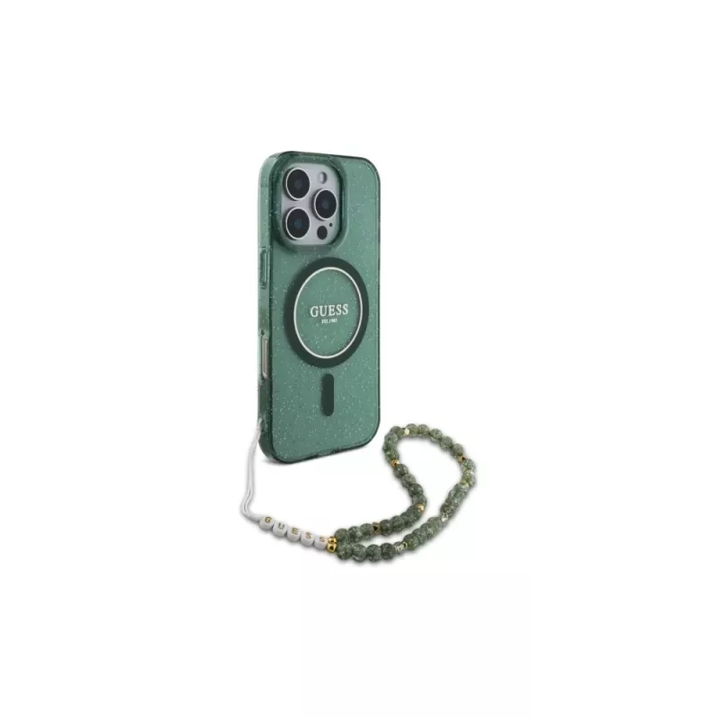 Guess IML Glitter With Pearl Strap MagSafe Case für iPhone 16 Pro Max (Grün)