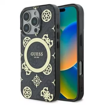 Guess GUHMP16XH4PYEEK Hardcase für iPhone 16 Pro Max 6,9 inch Schwarz Peony auf 4G Hintergrund MagSafe
