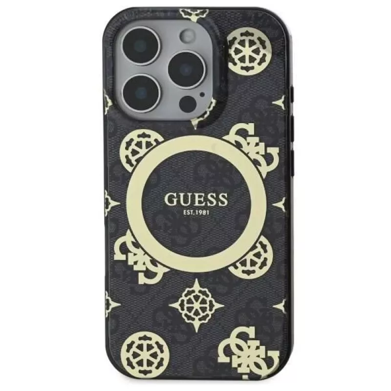 Guess GUHMP16XH4PYEEK Hardcase für iPhone 16 Pro Max 6,9 inch Schwarz Peony auf 4G Hintergrund MagSafe