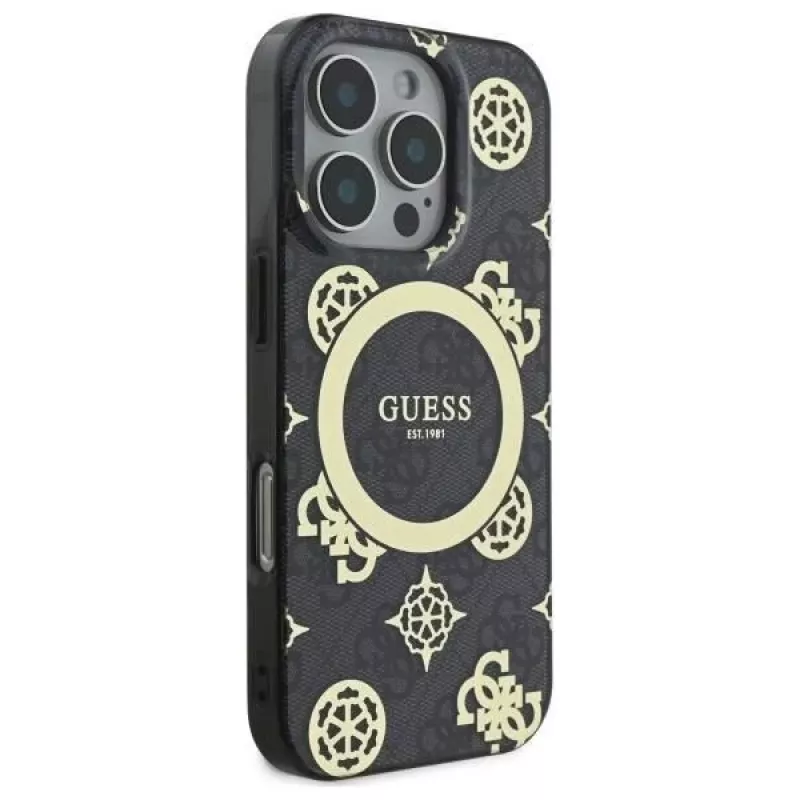 Guess GUHMP16XH4PYEEK Hardcase für iPhone 16 Pro Max 6,9 inch Schwarz Peony auf 4G Hintergrund MagSafe