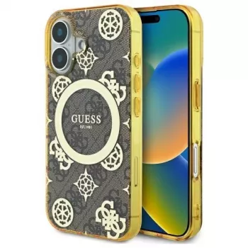 Guess GUHMP16SH4PYEEW Hard Case für Apple iPhone 16 6,1 inch Braun Peony On 4G Background MagSafe