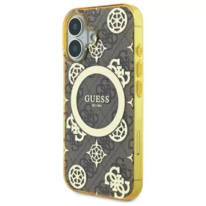Guess GUHMP16SH4PYEEW Hard Case für Apple iPhone 16 6,1 inch Braun Peony On 4G Background MagSafe
