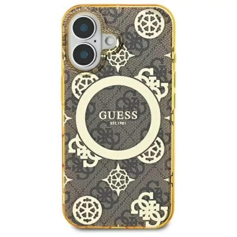 Guess GUHMP16SH4PYEEW Hard Case für Apple iPhone 16 6,1 inch Braun Peony On 4G Background MagSafe
