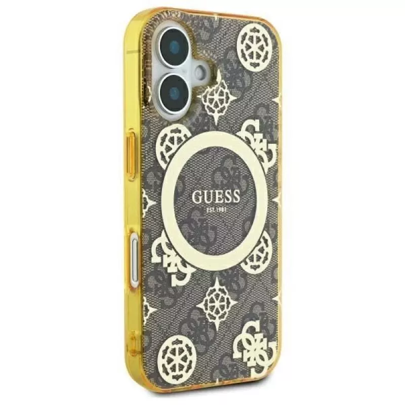 Guess GUHMP16SH4PYEEW Hard Case für Apple iPhone 16 6,1 inch Braun Peony On 4G Background MagSafe