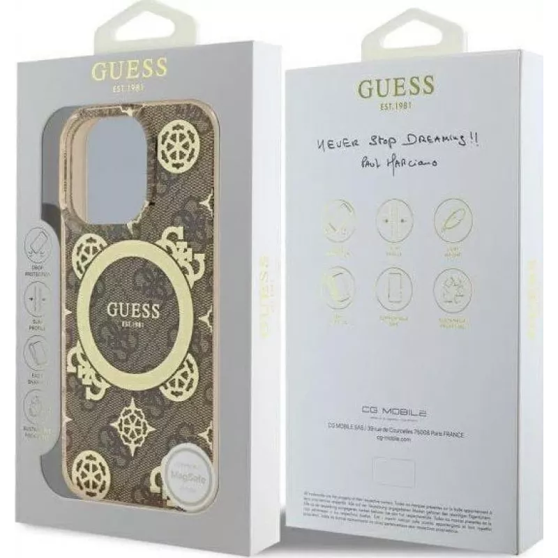 Guess GUHMP16XH4PYEEW iPhone 16 Pro Max 6,9 inch Hardcase IML Peony On 4G Background MagSafe Braun