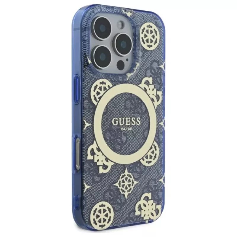 Guess GUHMP16XH4PYEEB iPhone 16 Pro Max 6,9 inch Blue Hardcase IML Peony On 4G Background MagSafe