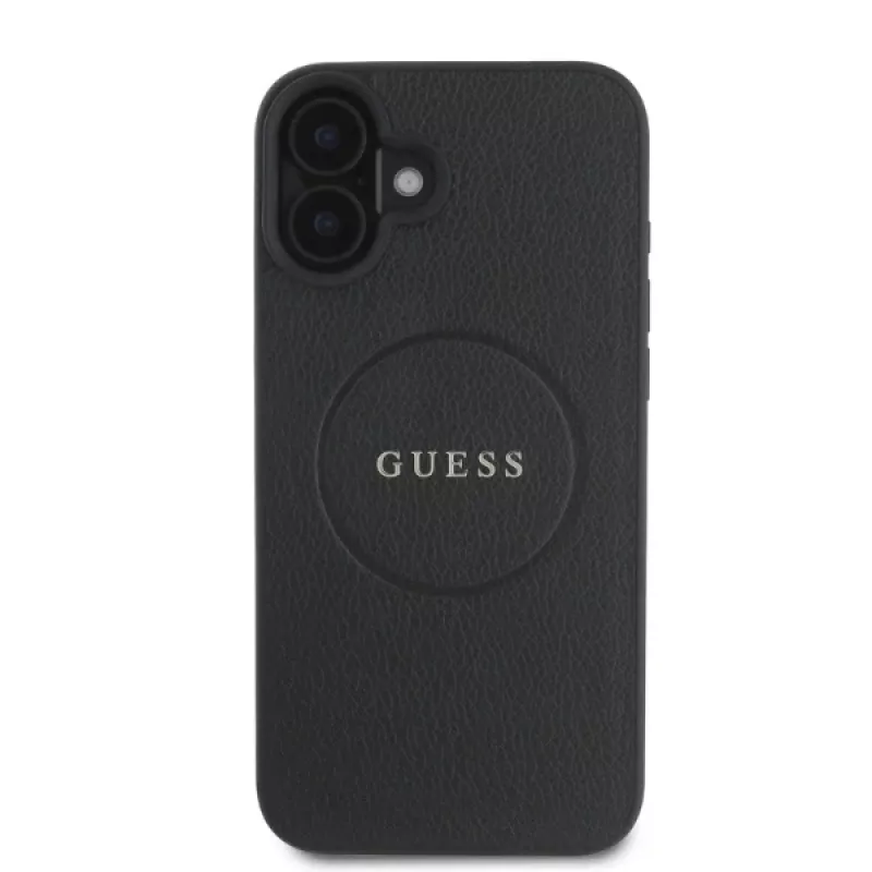 Guess GUHMP16SPGHSMMK Grained Gold Ring MagSafe Hard Case für Apple iPhone 16 6,1 Zoll, Schwarz