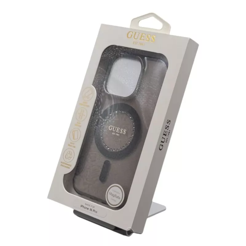 Guess GUHMP16LPFTDTEK Hard Case für Apple iPhone 16 Pro 6,3 Zoll, Schwarz, IML Strasssteine, MagSafe