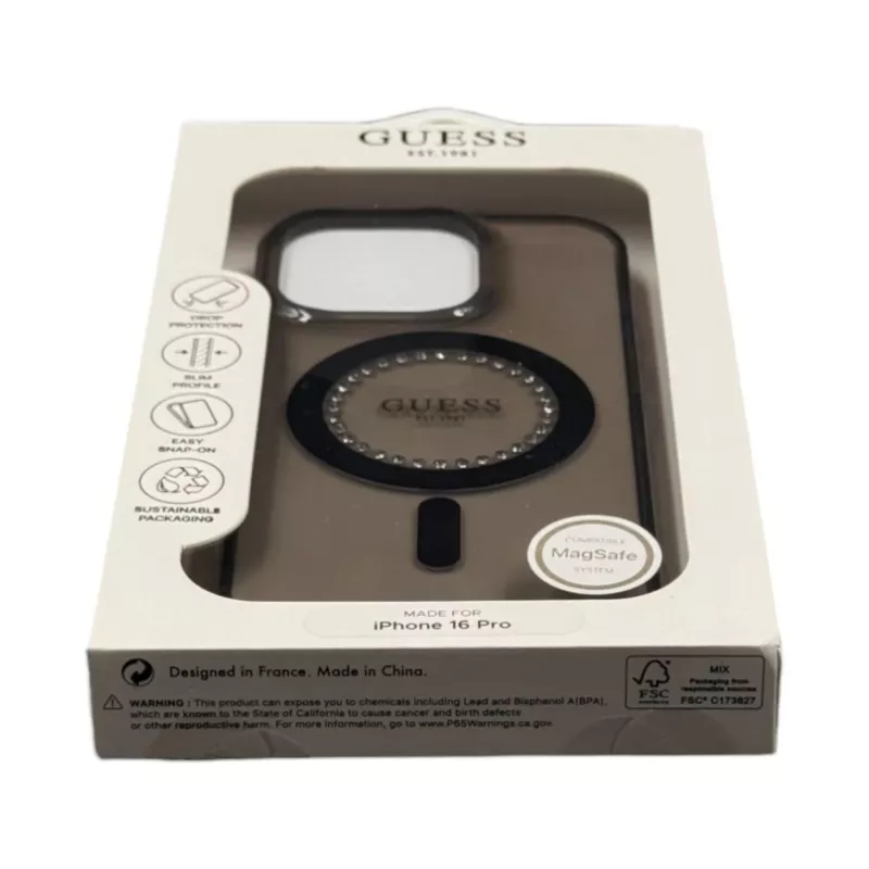 Guess GUHMP16LPFTDTEK Hard Case für Apple iPhone 16 Pro 6,3 Zoll, Schwarz, IML Strasssteine, MagSafe