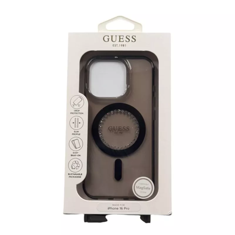 Guess GUHMP16LPFTDTEK Hard Case für Apple iPhone 16 Pro 6,3 Zoll, Schwarz, IML Strasssteine, MagSafe