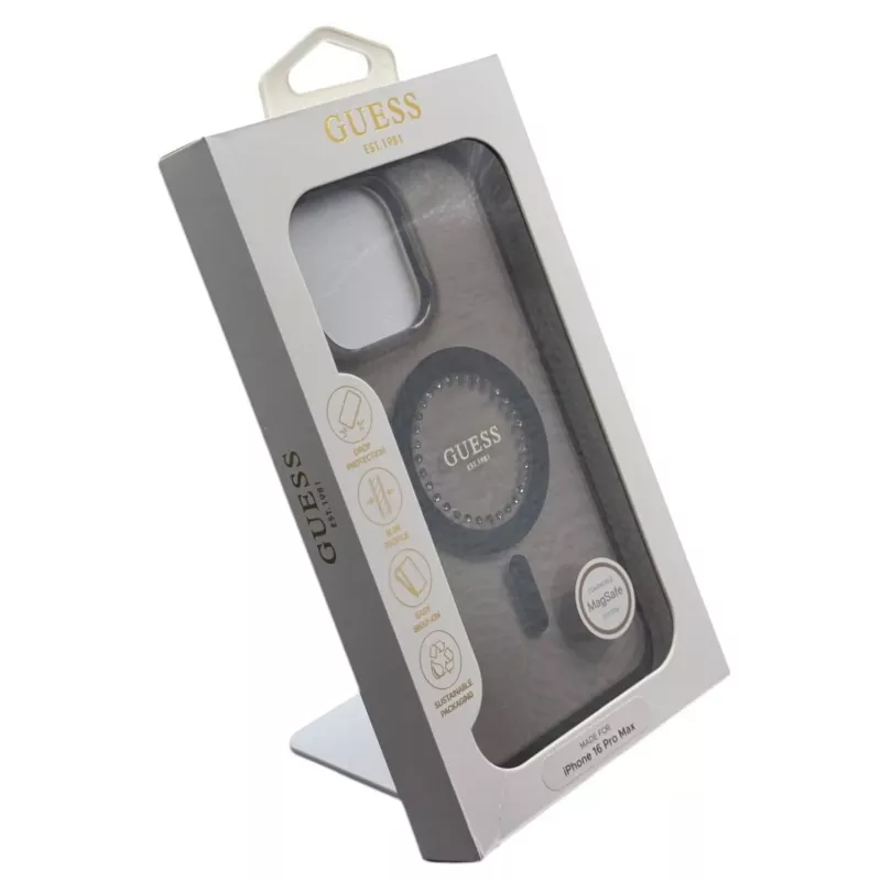 Guess IML Rhinestones MagSafe Case für iPhone 16 Pro Max (Schwarz)