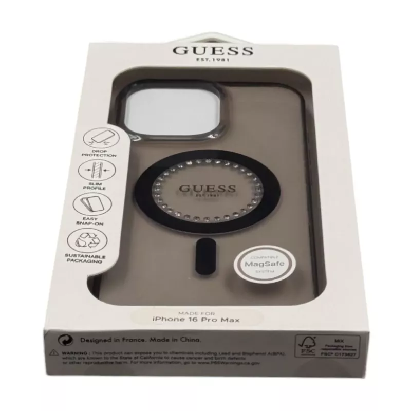 Guess IML Rhinestones MagSafe Case für iPhone 16 Pro Max (Schwarz)
