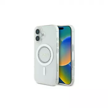 Guess GUHMP16MPFTDTEH Hardcase IML Rhinestones MagSafe für Apple iPhone 16 Plus 6,7 inch Weiß