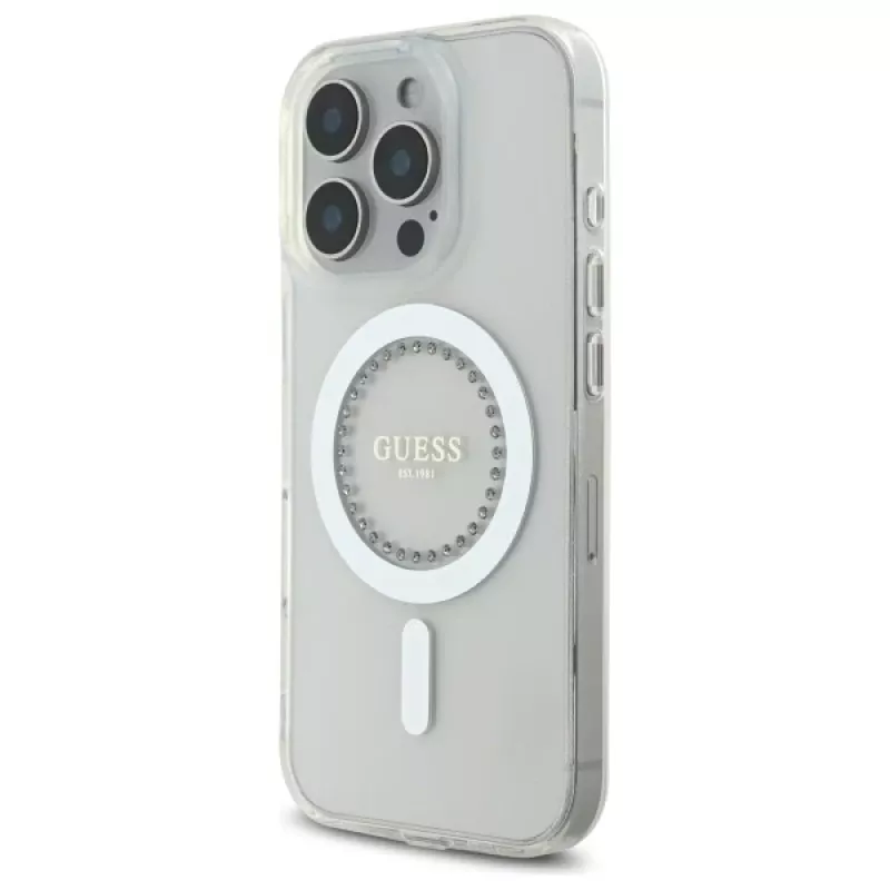 Guess GUHMP16LPFTDTEH Hardcase für Apple iPhone 16 Pro 6,3 inch Weiß IML Strasssteine MagSafe