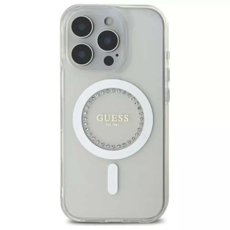 Guess GUHMP16LPFTDTEH Hardcase für Apple iPhone 16 Pro 6,3 inch Weiß IML Strasssteine MagSafe