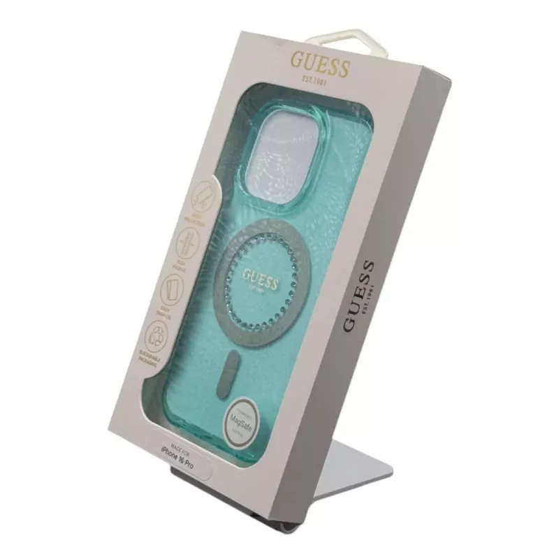 Guess GUHMP16LPFTDTEN iPhone 16 Pro 6,3 inch Hardcase IML Rhinestones MagSafe Grün