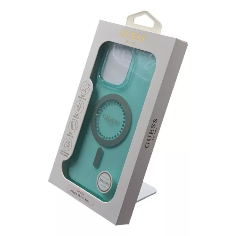 Guess IML Rhinestones MagSafe Case für iPhone 16 Pro Max (Grün)