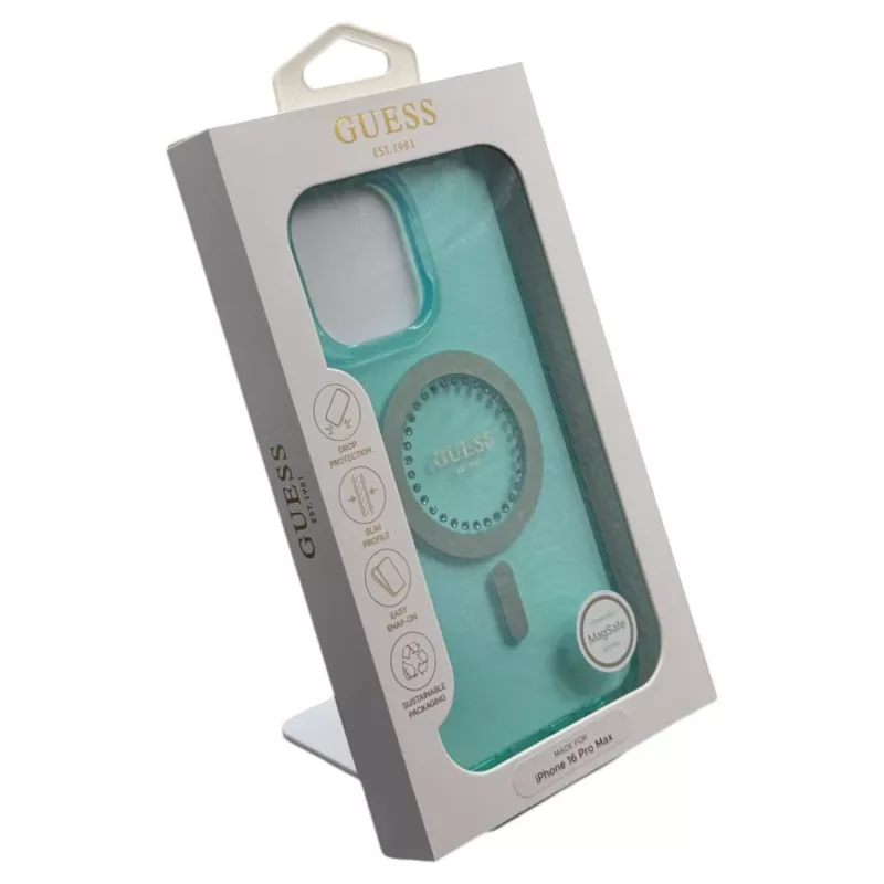 Guess IML Rhinestones MagSafe Case für iPhone 16 Pro Max (Grün)