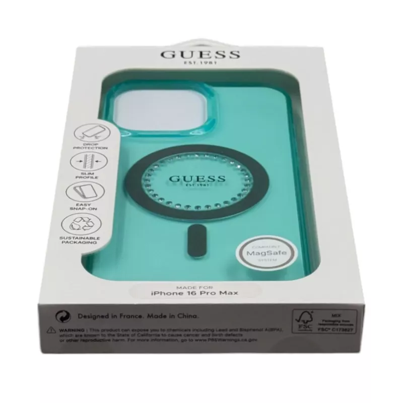 Guess IML Rhinestones MagSafe Case für iPhone 16 Pro Max (Grün)
