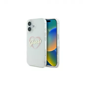 Guess GUHCP16MHCHGSPT Hard Case für Apple iPhone 16 Plus, Transparent, IML Heart Pattern