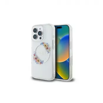 Guess GUHMP16LHFWFCT Hardcase für iPhone 16 Pro 6,3 inch Transparent IML Flowers Wreath MagSafe