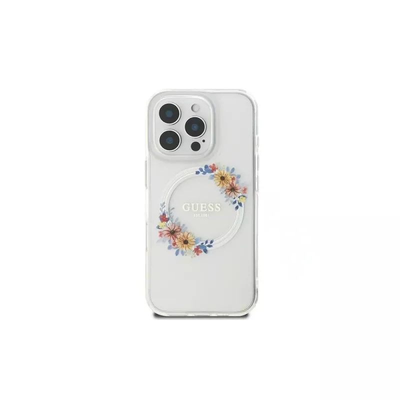 Guess GUHMP16LHFWFCT Hardcase für iPhone 16 Pro 6,3 inch Transparent IML Flowers Wreath MagSafe