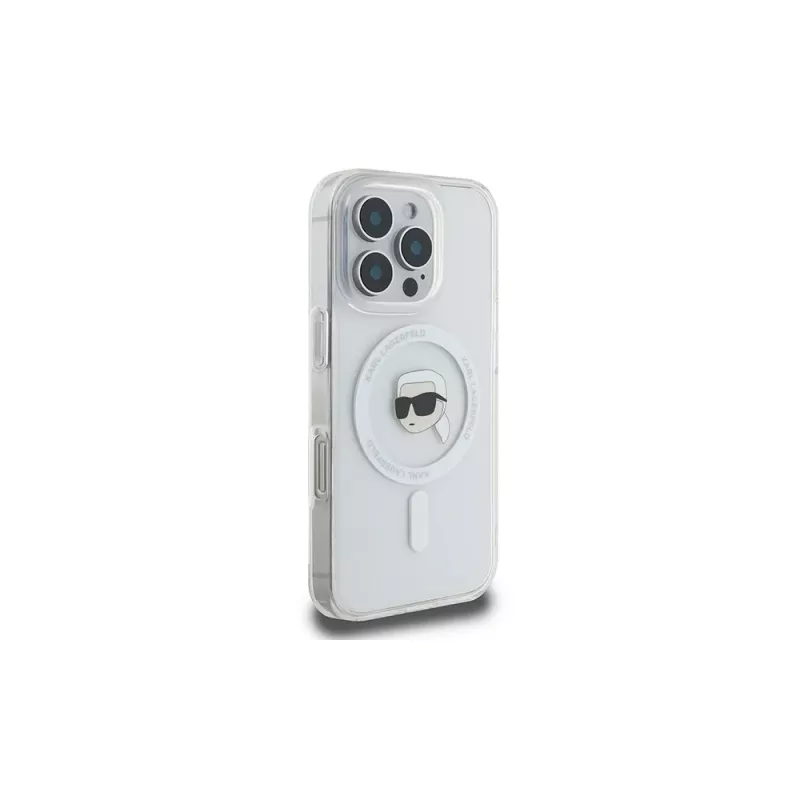 Karl Lagerfeld KLHMP16LHLSKIH Hardcase IML Metal Karl Head MagSafe für Apple iPhone 16 Pro, Weiß