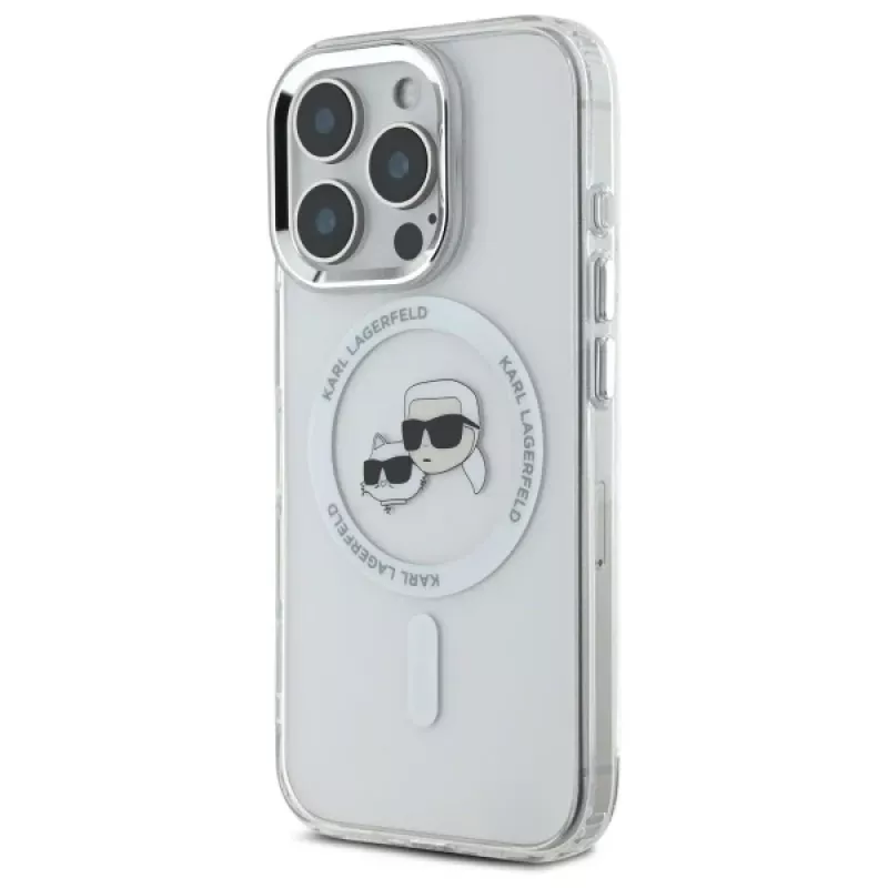 Karl Lagerfeld KLHMP16LHLSKCH Hardcase IML Metal Karl & Choupette Head MagSafe für Apple iPhone 16 Pro, Weiß