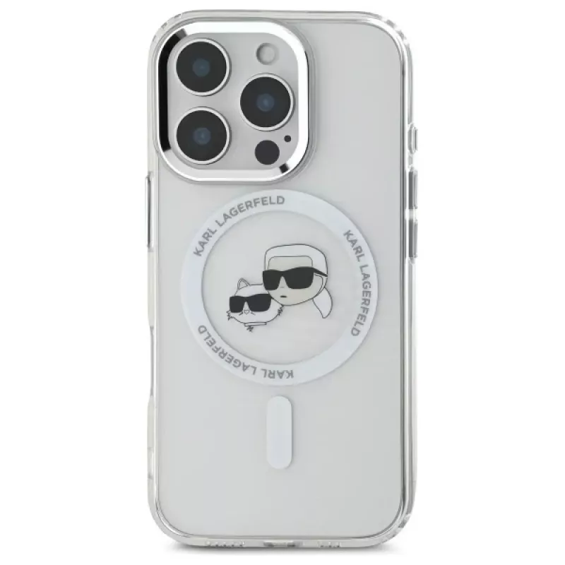 Karl Lagerfeld KLHMP16LHLSKCH Hardcase IML Metal Karl & Choupette Head MagSafe für Apple iPhone 16 Pro, Weiß