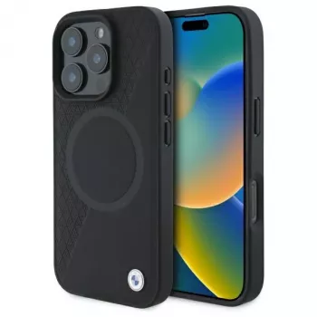 BMW Sign Leather Half Textured Hard Case mit Circle MagSafe für Apple iPhone 16 Pro Max 6,9 inch Schwarz