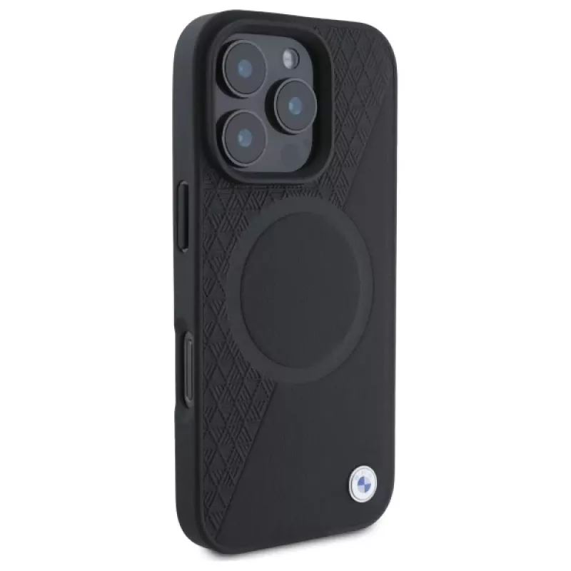 BMW Sign Leather Half Textured Hard Case mit Circle MagSafe für Apple iPhone 16 Pro Max 6,9 inch Schwarz