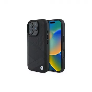BMW Sign Leather Crossing Lines Pattern Hard Case für Apple iPhone 16 Pro 6,3 Zoll Schwarz
