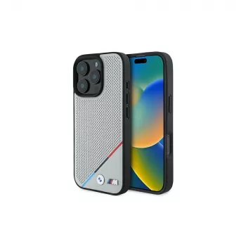 BMW M Perforated Tricolor Line Hardcase für Apple iPhone 16 Pro 6,3 Zoll Grau MagSafe