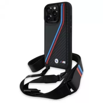 BMW M Edition Carbon Tricolor Lines & Strap Hard Case für iPhone 16 Pro 6.3 Schwarz