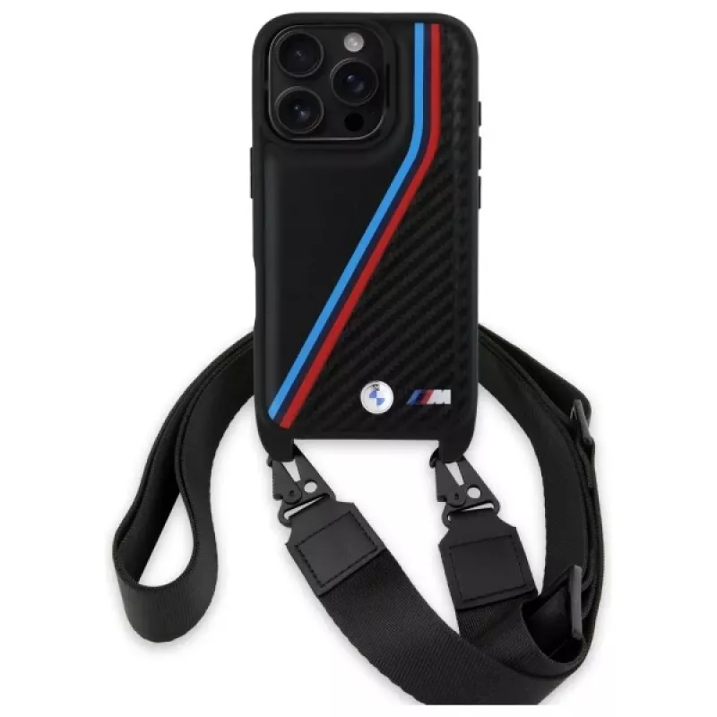 BMW M Edition Carbon Tricolor Lines & Strap Hard Case für iPhone 16 Pro 6.3 Schwarz