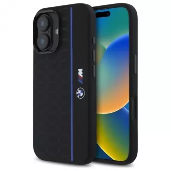 BMW BMHMP16S23SHEB iPhone 16 6,1 Zoll Schwarze Silikon Hartschale Hexagon Blue Line MagSafe