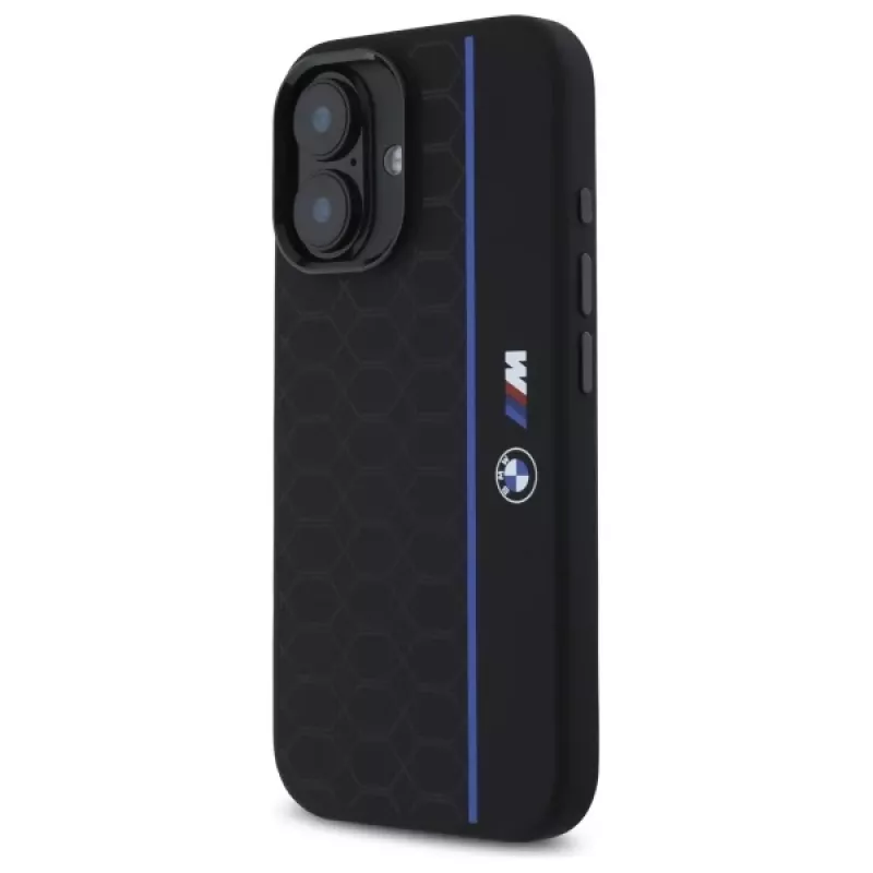 BMW BMHMP16S23SHEB iPhone 16 6,1 Zoll Schwarze Silikon Hartschale Hexagon Blue Line MagSafe