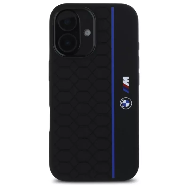 BMW BMHMP16S23SHEB iPhone 16 6,1 Zoll Schwarze Silikon Hartschale Hexagon Blue Line MagSafe